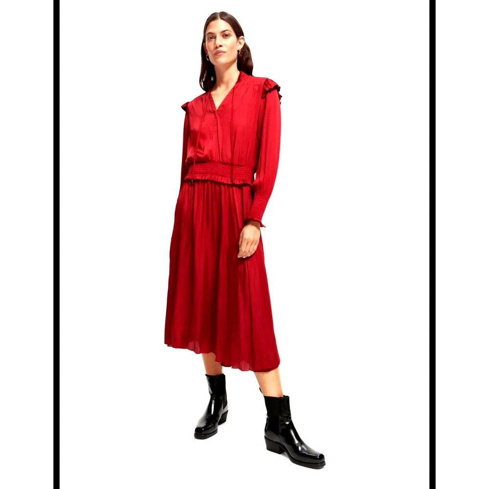 Scotch & Soda Red Smocked Midi Dress Long Sleeve Boho Fall Dress Size S NWOT